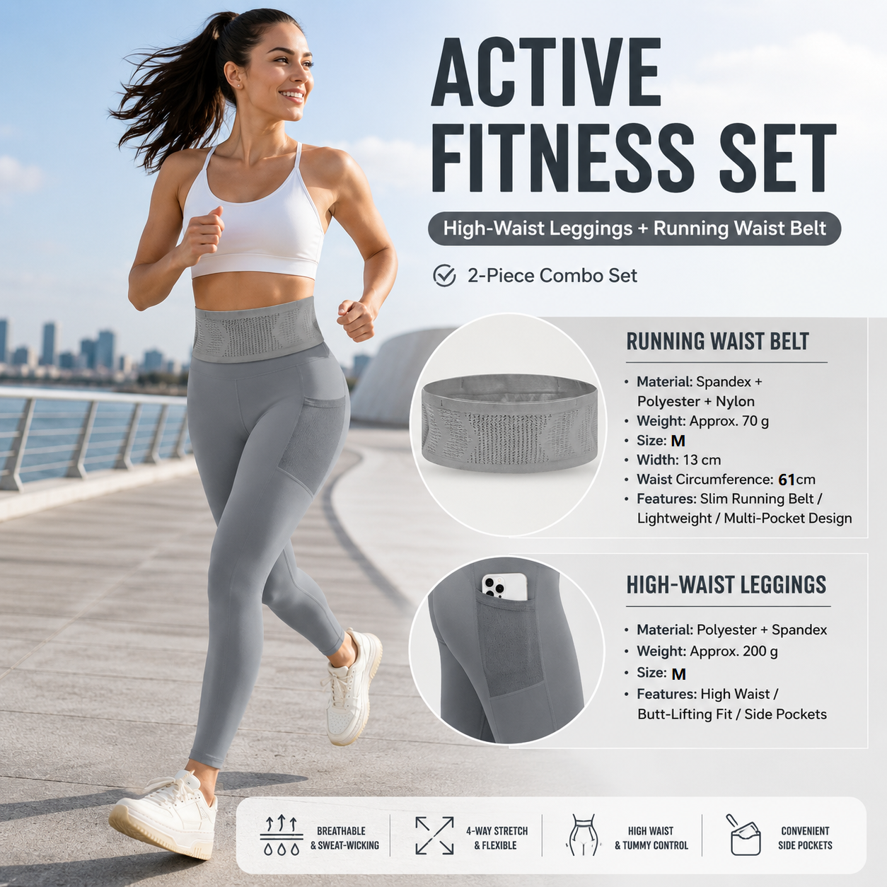 Comfortable Outdoor Sports Set-Grey M Size Running Waist Belt and Grey M Size High-Waisted Yoga Leggings - Breathable Spandex Blend, Side Pockets for Phone and Keys, Lightweight Fitness Gear for Running and Gym