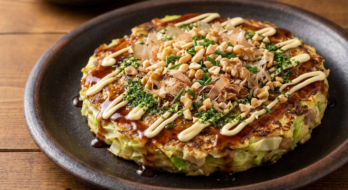 Zdrowe okonomiyaki z kapusta i orzechami.