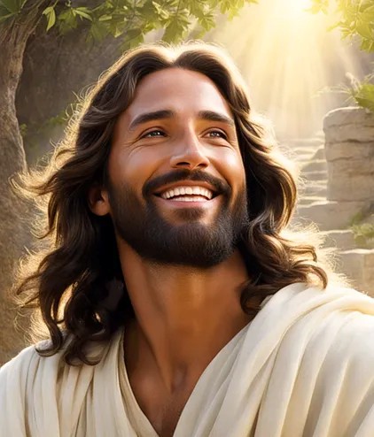 Smiling bearded person in white robe, looking upward in warm sunlight outdoors