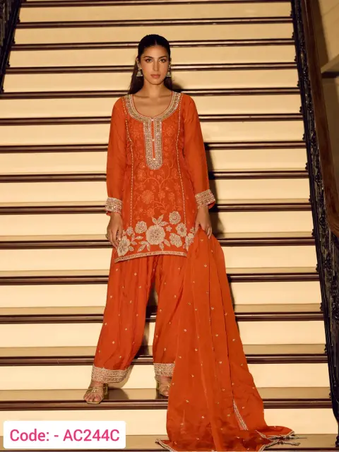 Orange Color Heavy Work Sharara Suit