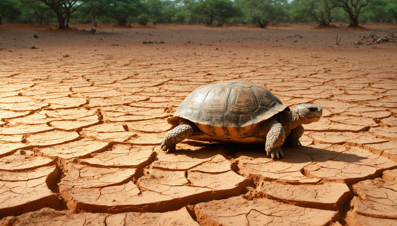 A single tortoise moving across dry cracked earth in low golden light, isolated in a vast empty landscape.