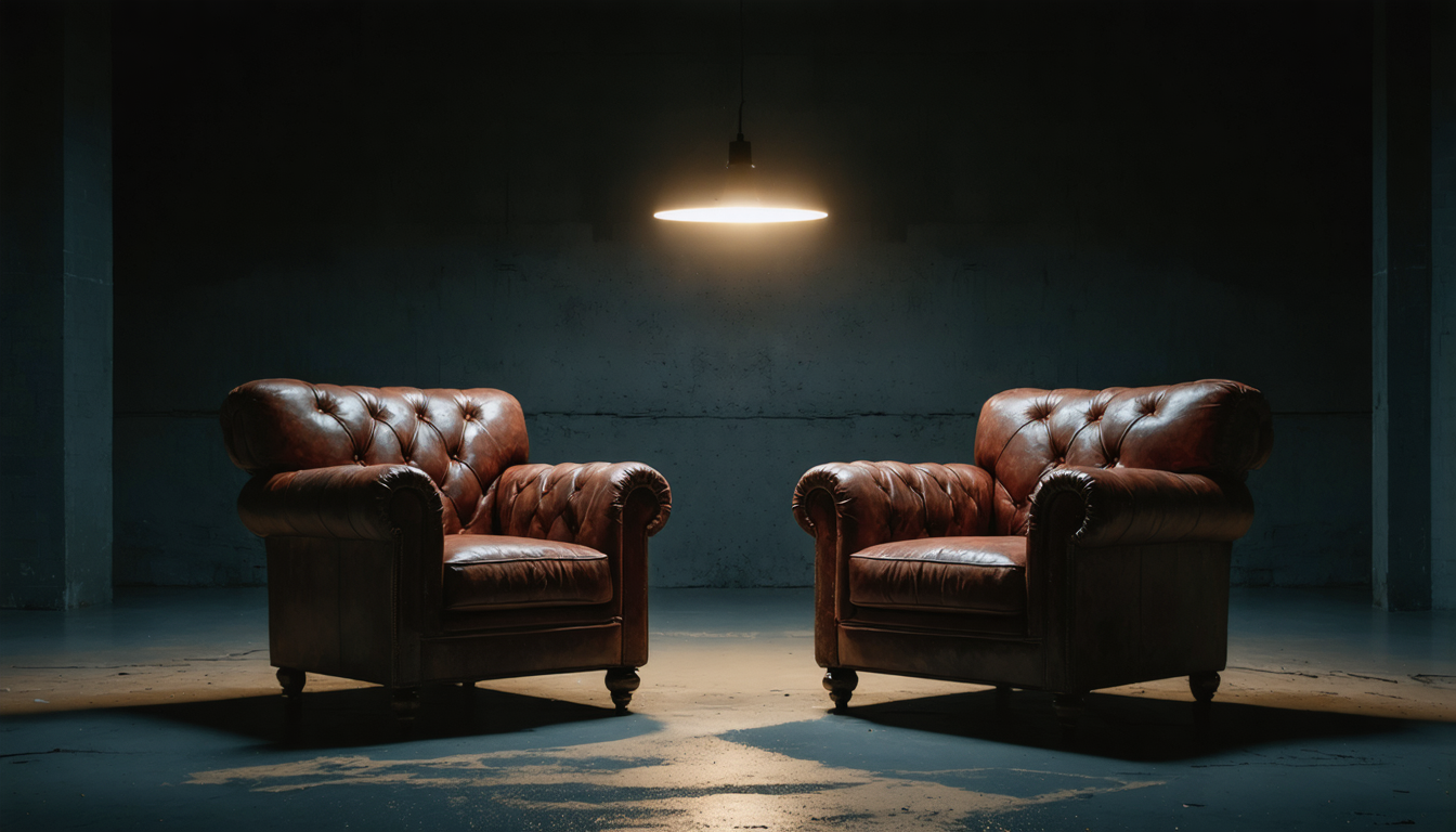 Two empty leather armchairs facing each other in a dim studio, a single overhead light pooling on the floor between them.
