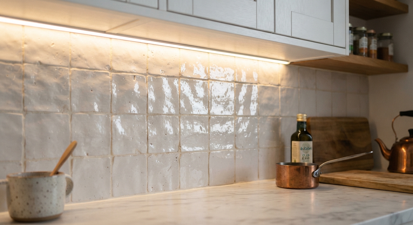 Crédence en zellige blanc avec éclairage LED intelligent pour cuisine moderne.
