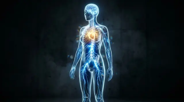 Glowing translucent human figure with illuminated nervous system and electrical impulses, dark background, scientific wonder
