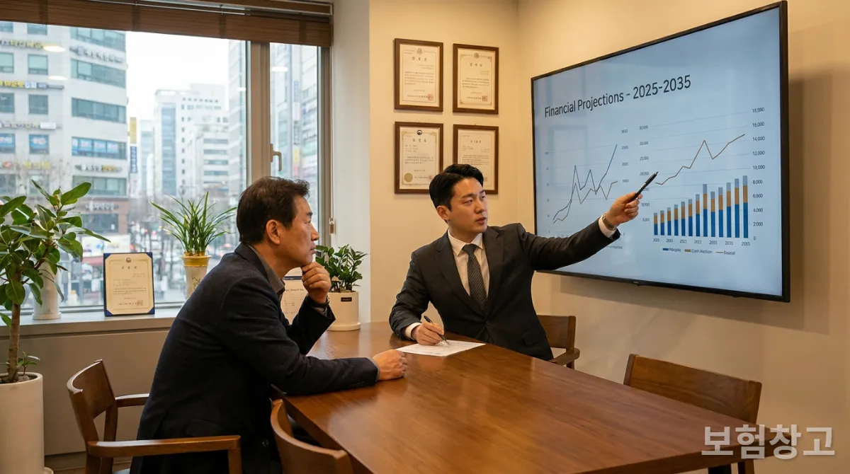 50대 한국인 남성이 재무 상담사와 상담하며 대형 화면에 표시된 재무 예측 차트를 보는 모습, 전문적인 상담실 배경