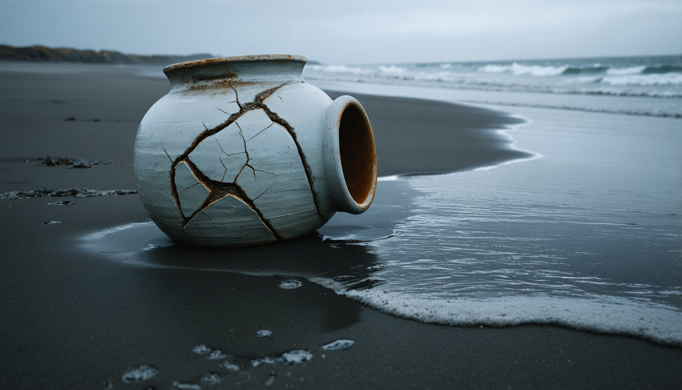 A cracked vessel at the waterline, performing containment while the tide arrives on its own schedule.
