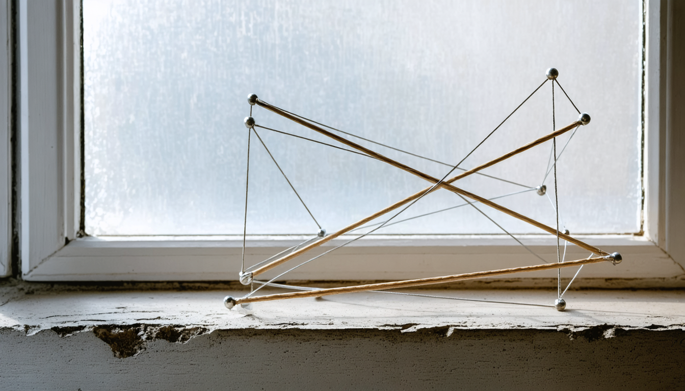 Closeup of a tensegrity sculpture with steel cables and floating wooden compression struts, in soft window light
