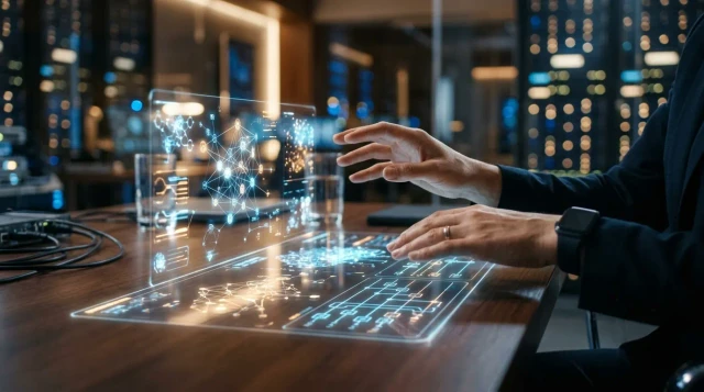 Hands interacting with glowing holographic neural network display in modern workspace, futuristic and contemplative mood