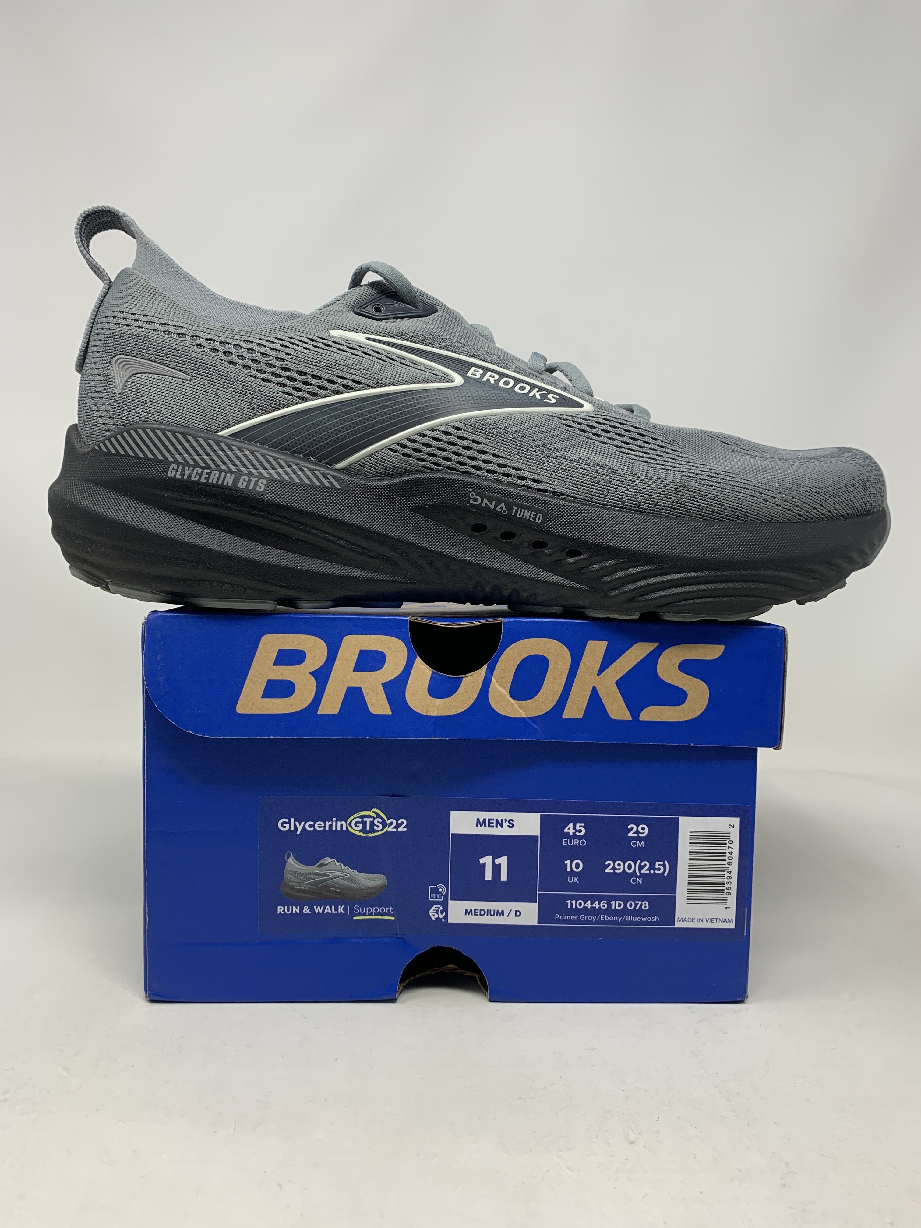 Men's Brooks Glycerin GTS 22, Primer Gray/Ebony/Bluewash, 11 D