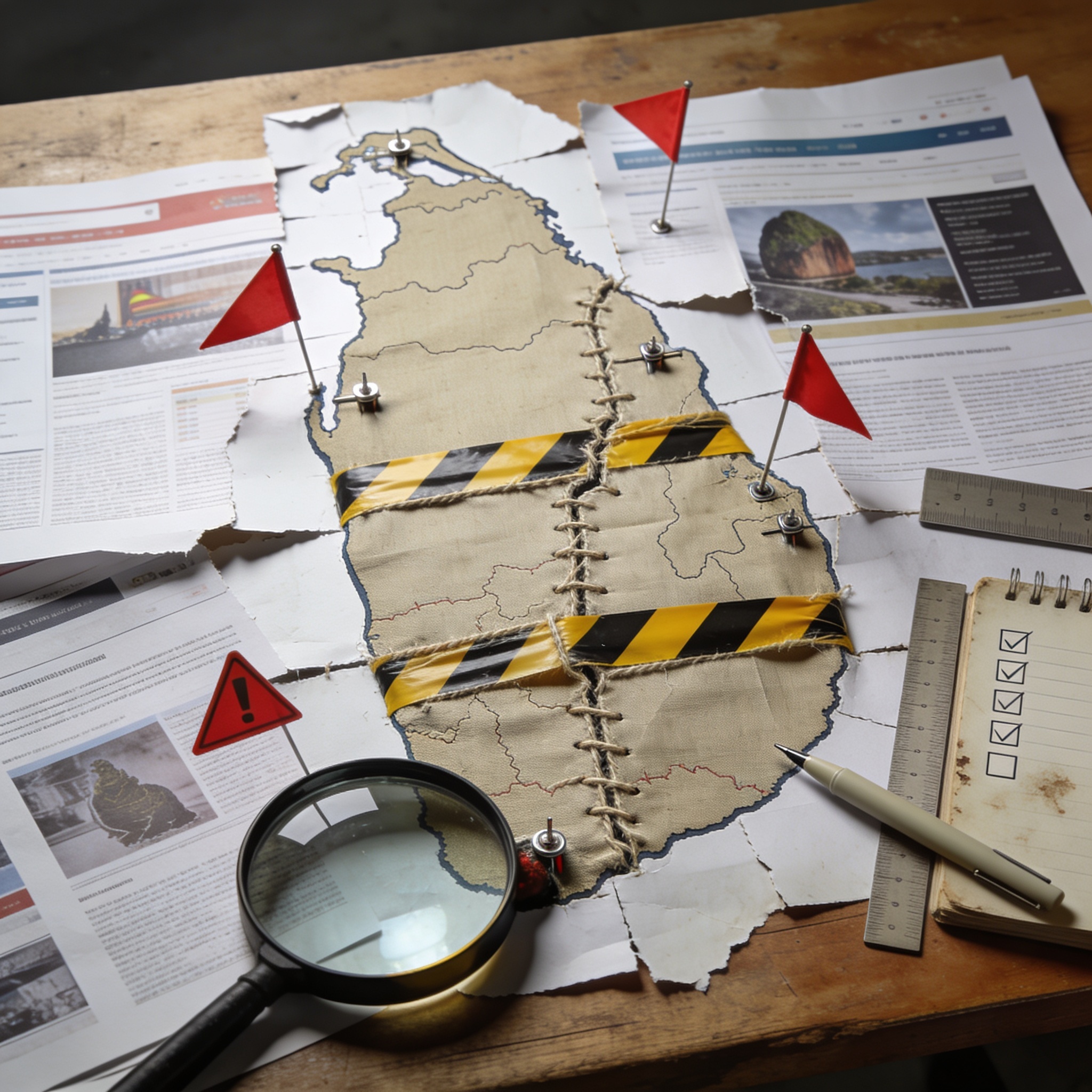 Overhead view of Sri Lanka-shaped patchwork map made from stitched website screenshots.