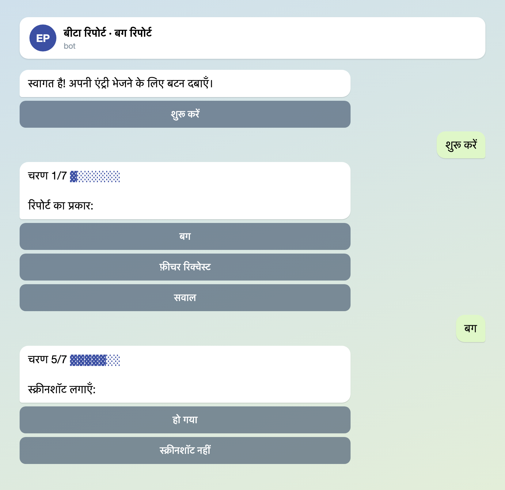 बग रिपोर्ट बॉट के साथ Telegram चैट: «शुरू करें» बटन, रिपोर्ट का प्रकार तीन बटनों के एक कॉलम में, और स्क्रीनशॉट का चरण 5/7 जिसमें «हो गया» और «स्क्रीनशॉट नहीं» बटन हैं