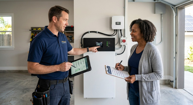 Installatore professionista che discute di un sistema di accumulo a batteria solare con un cliente