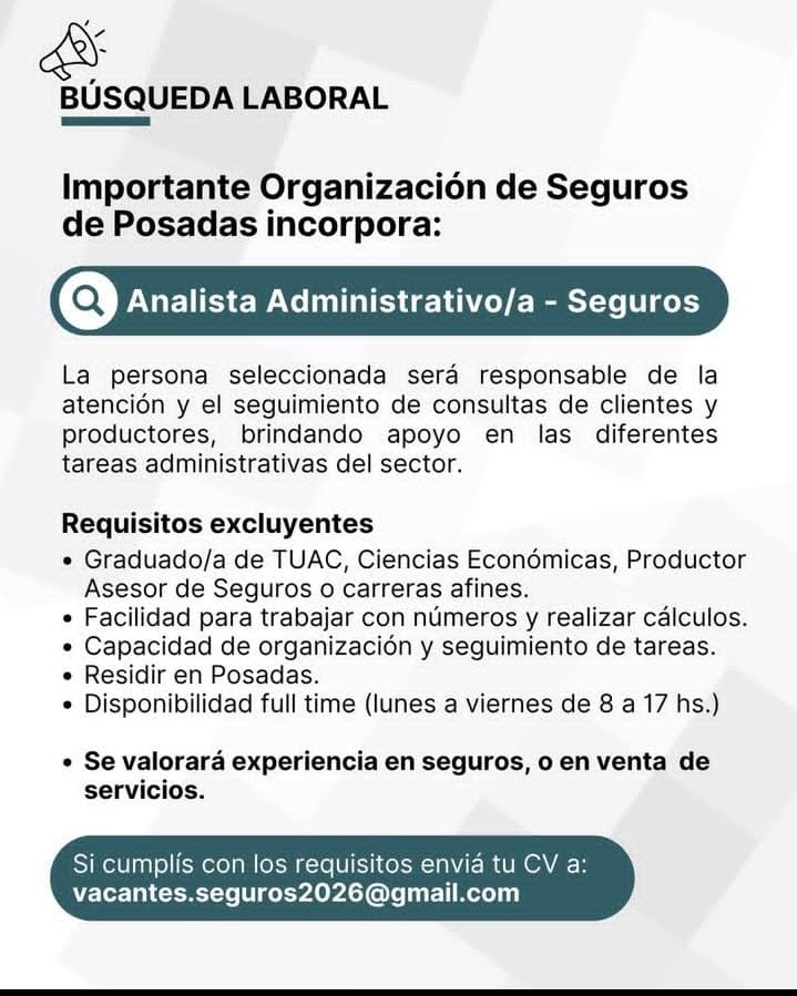 Se busca Analista Administrativo de Seguros Posadas