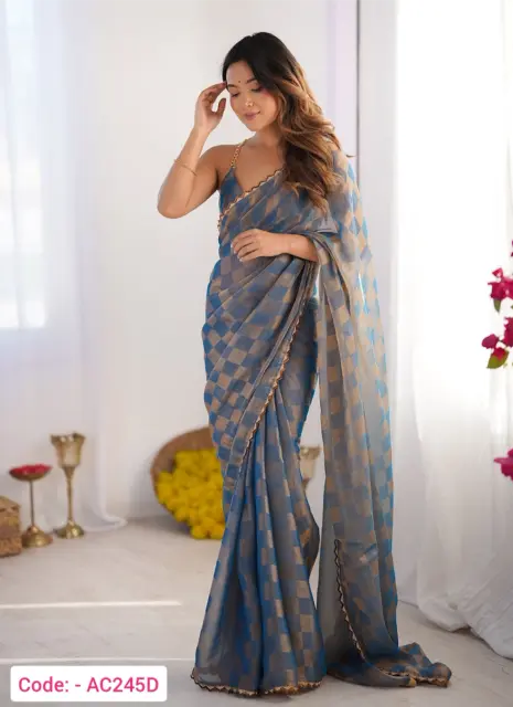 Party Wear Grey Embroidery Chiffon Saree
