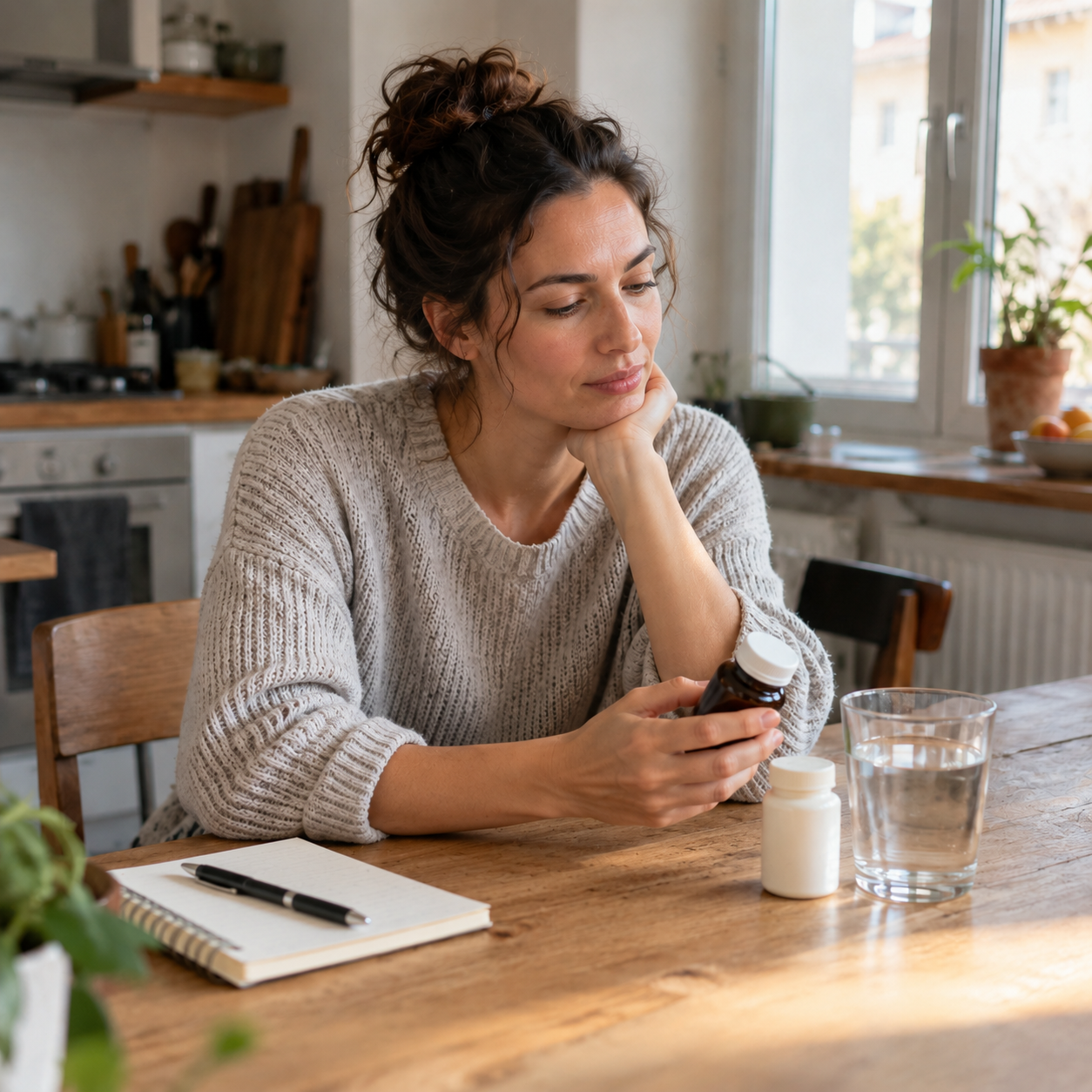 Femme pensive regardant une bouteille de suppléments ou de pilules sur une table, illustrant la question des compléments alimentaires pour le SMOP.