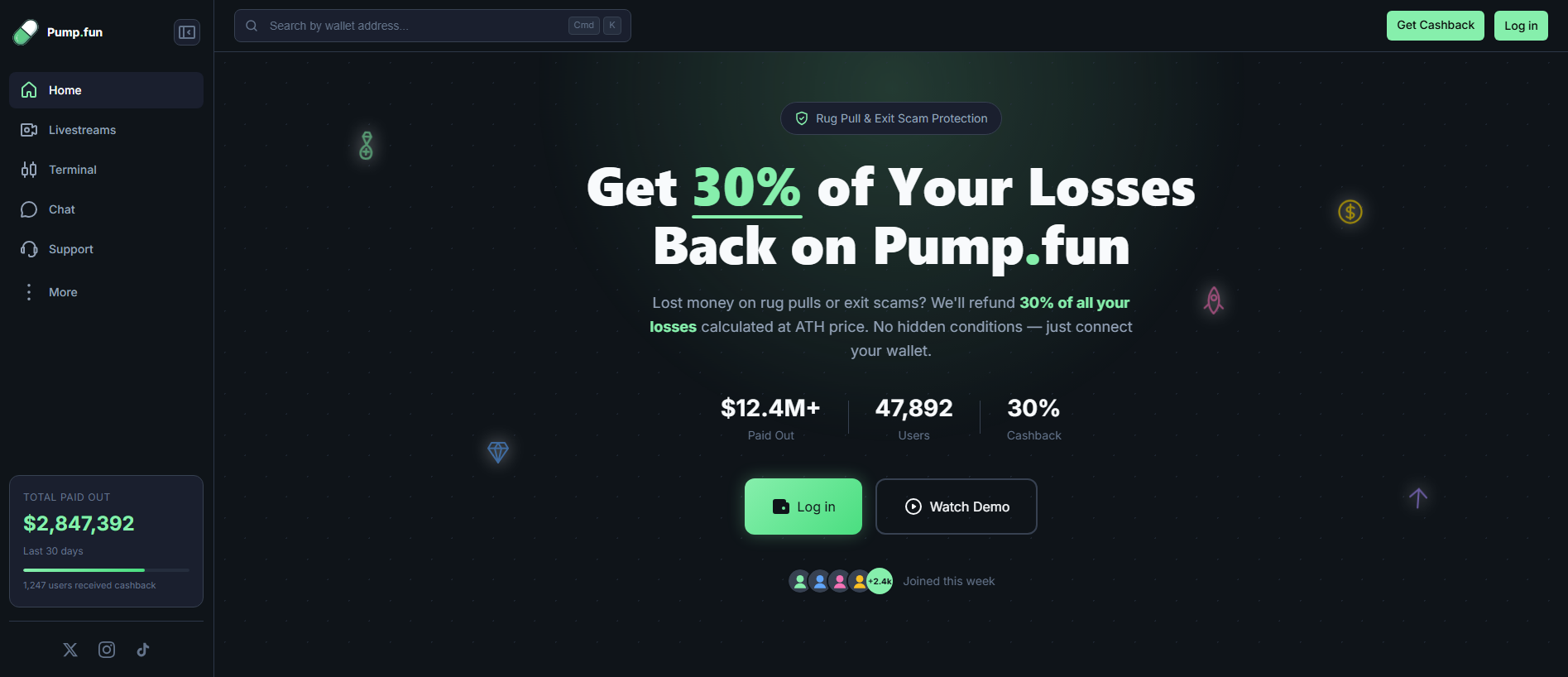 Forensic screenshot of backs-pump.fun showing the phishing page layout