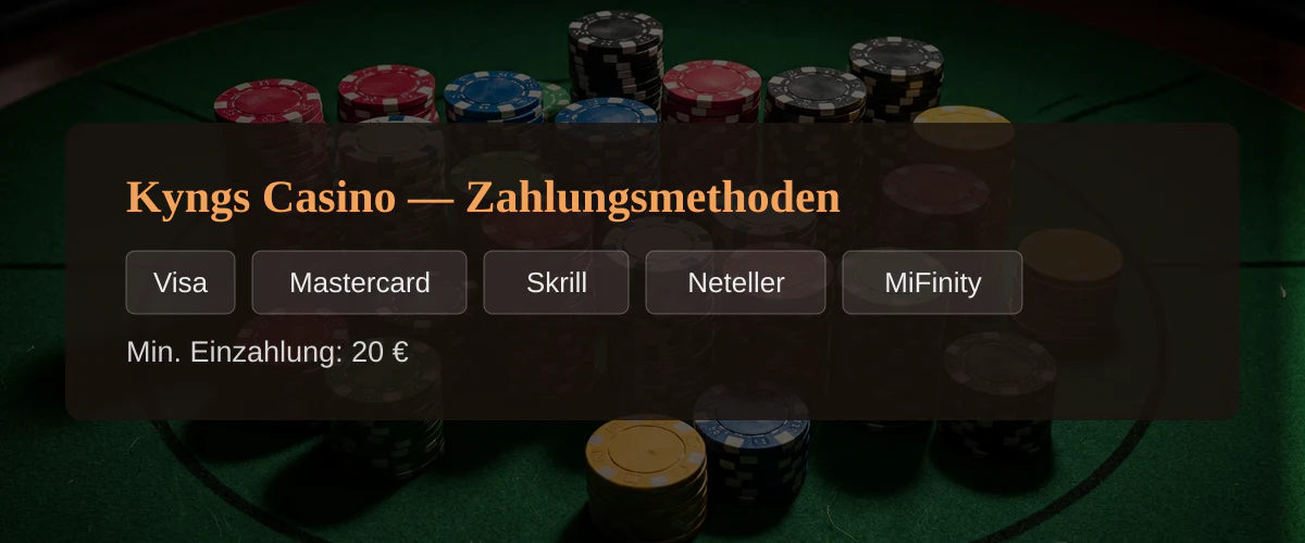 Kyngs Casino — Zahlungsmethoden: Visa, Mastercard, Skrill, Neteller, MiFinity