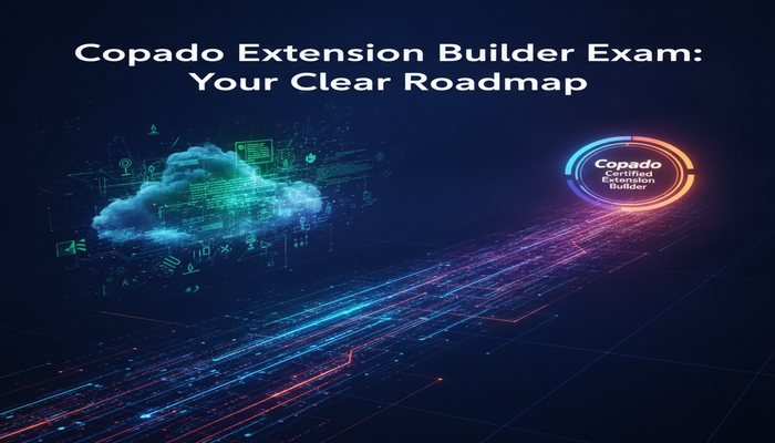 Copado Extension Builder Exam: Your Clear Roadmap A glowing digital roadmap emerging from abstract data leading to a shining Copado Certified Extension Builder badge, symbolizing a clear path to exam mastery.