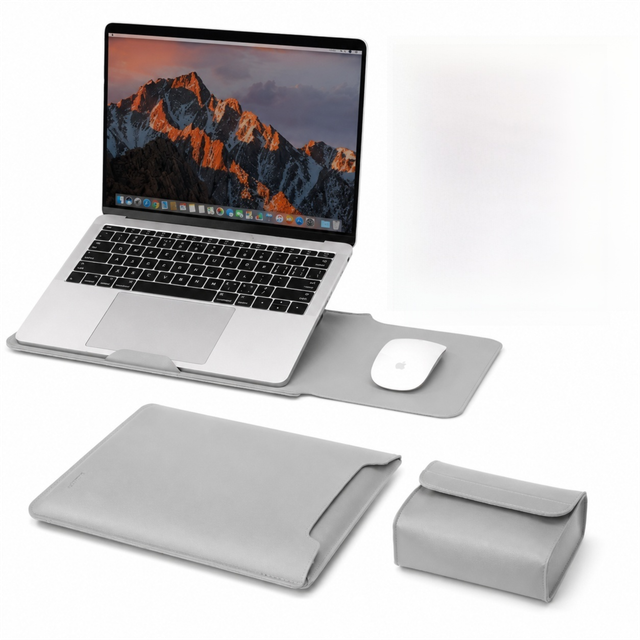 4 in 1 Grey Soft PU Leather Laptop Sleeve with Stand, Mouse Pad and Power Pouch - Lightweight Portable Case for 11 Inch Laptops