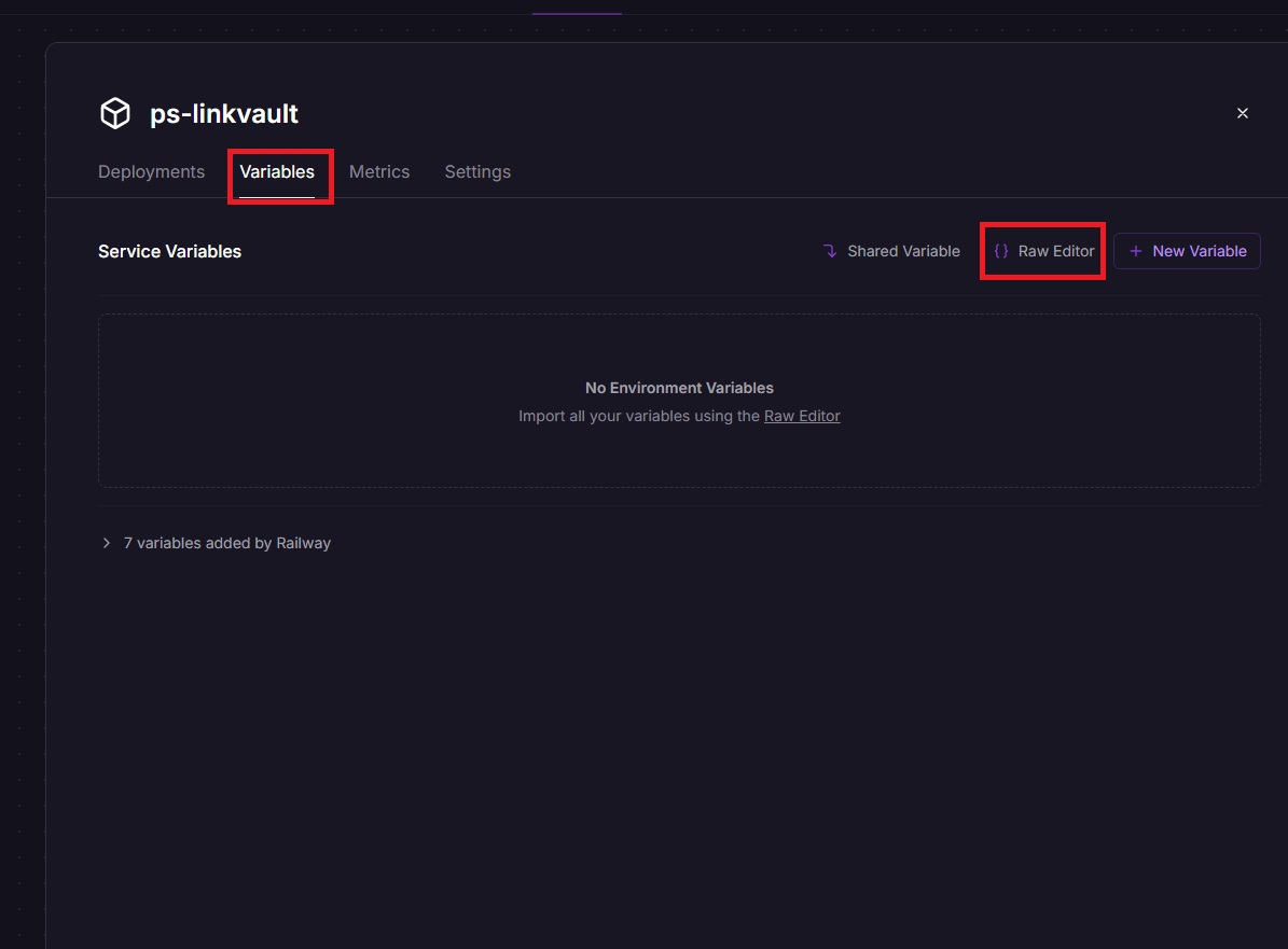 Railway deployment step 4: Variables setup