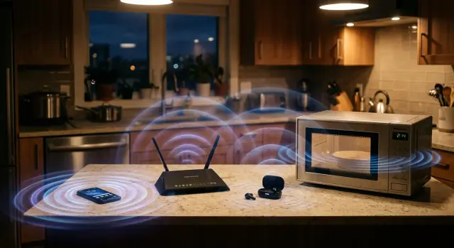 Electromagnetic waves radiating from household devices on kitchen counter, moody atmospheric lighting