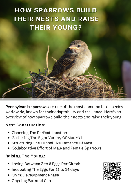Pennsylvania sparrows build their nests using grass, twigs, and feathers, often in trees, shrubs, or sheltered areas. The female lays several eggs, which both parents help incubate. Once hatched, the chicks rely on their parents for food and warmth. In just a few weeks, the young birds grow feathers and leave the nest, ready to explore on their own. To know more visit here https://wildbirdguide.com/local-birds/american-tree-sparrow/