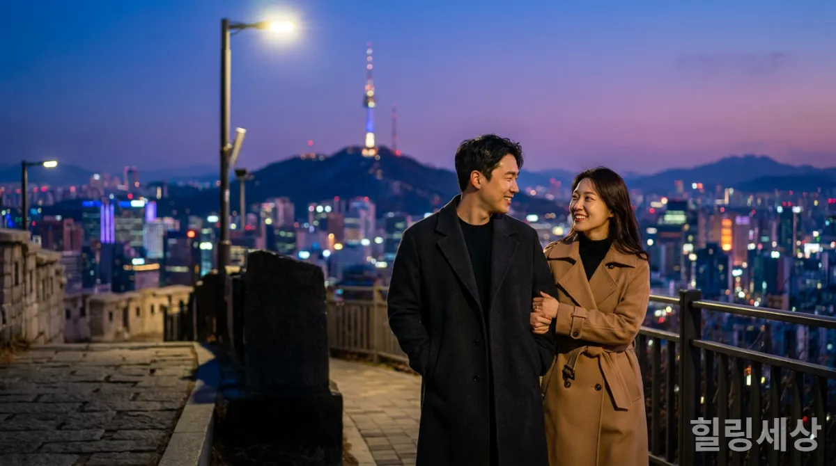 30대 한국인 커플이 서울 남산타워 야경을 배경으로 조용히 산책하는 모습, 로맨틱한 분위기