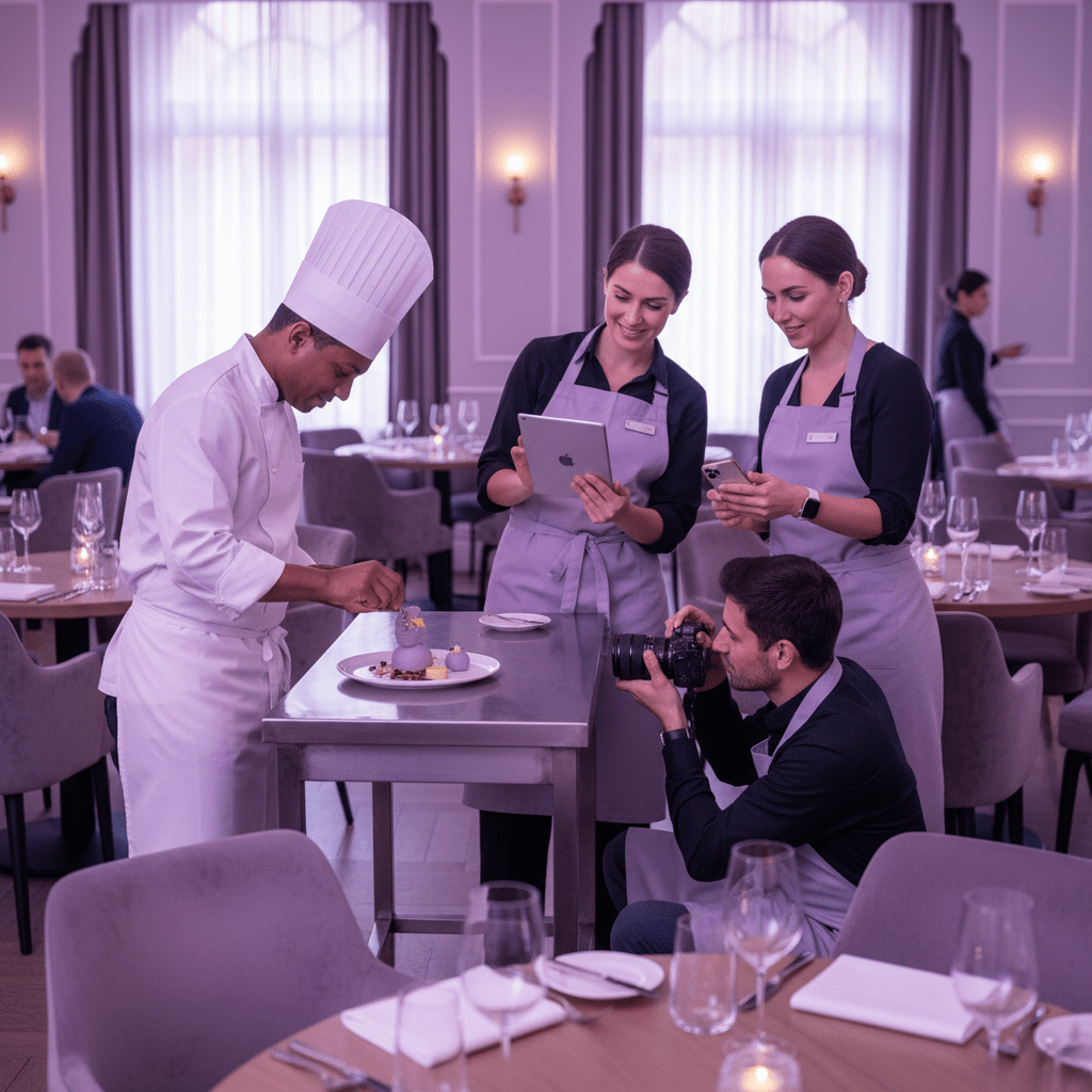 A hospitality team capturing behind-the-scenes content in a restaurant dining room, chef plating dessert