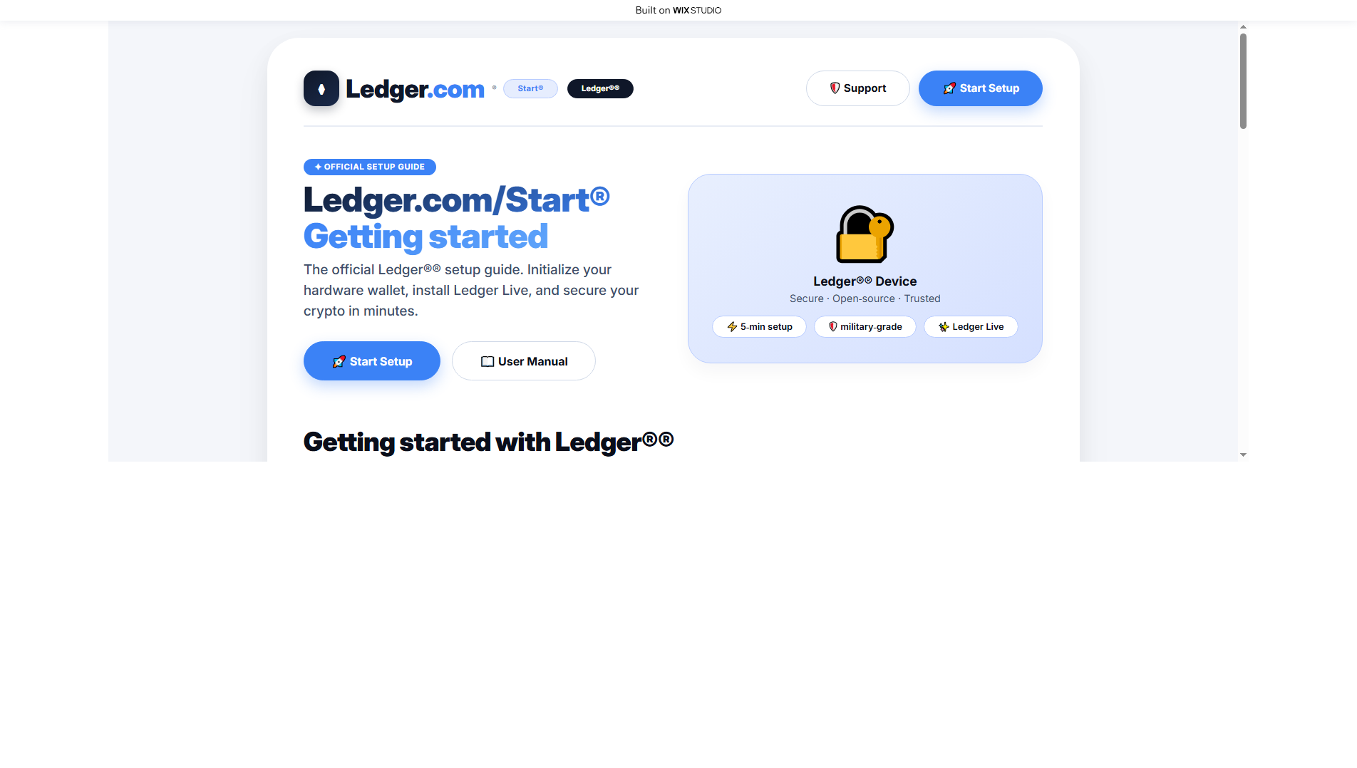Forensic screenshot of iostarted-ledgeapps.wixstudio.com showing the phishing page layout