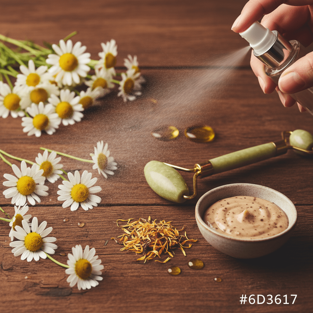 Chamomile blossoms and calming skincare ingredients on wood