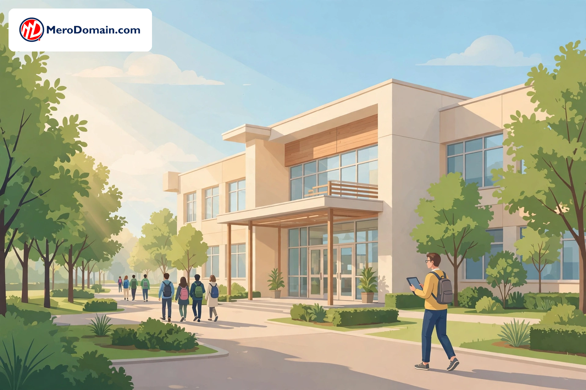 Illustration of a bright modern school building with students walking toward the entrance