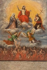 Religious painting of Christ seated on clouds with saints below and angels around him