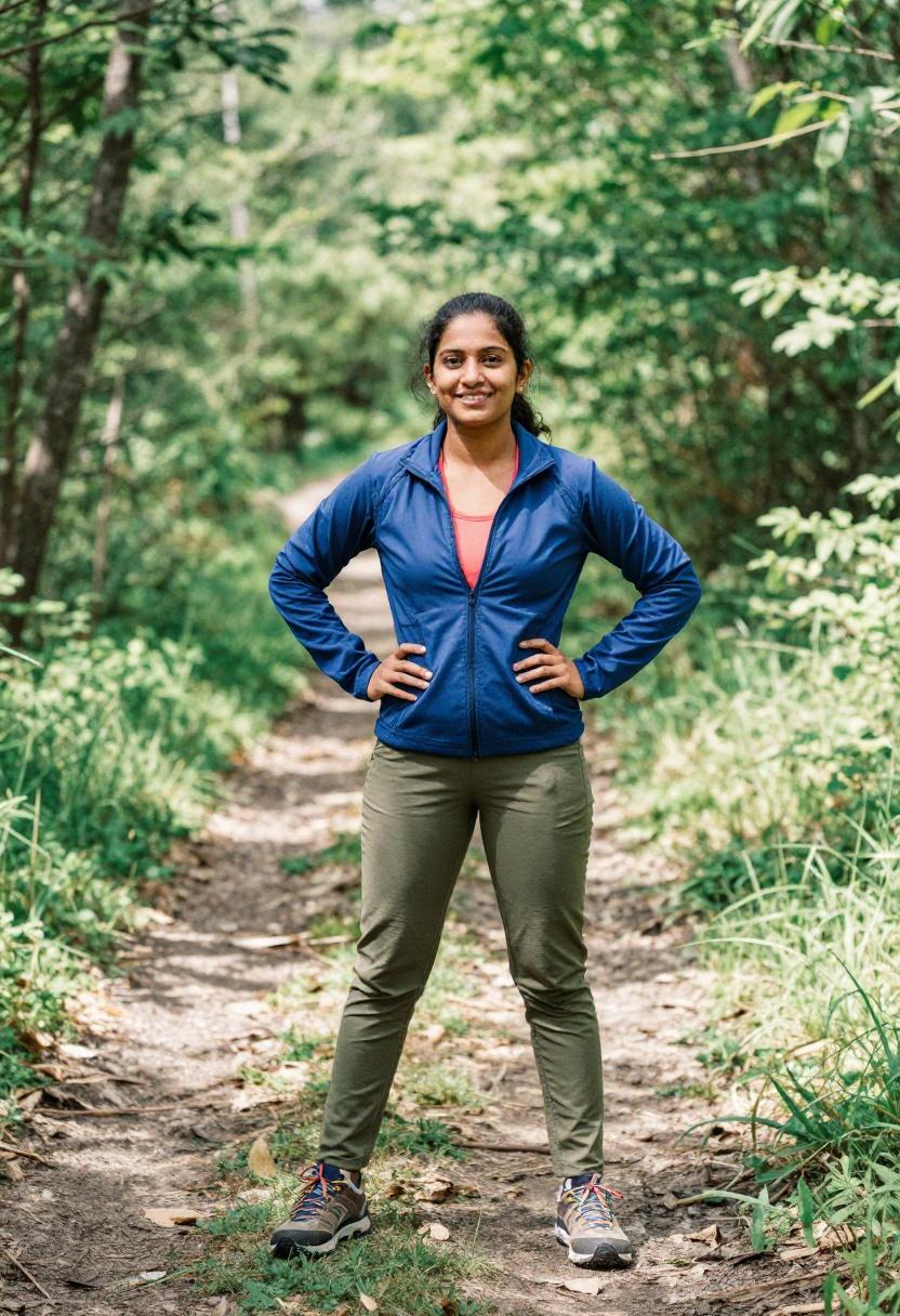 Woman in cobalt zip-up jacket and coral tank top on a spring trail