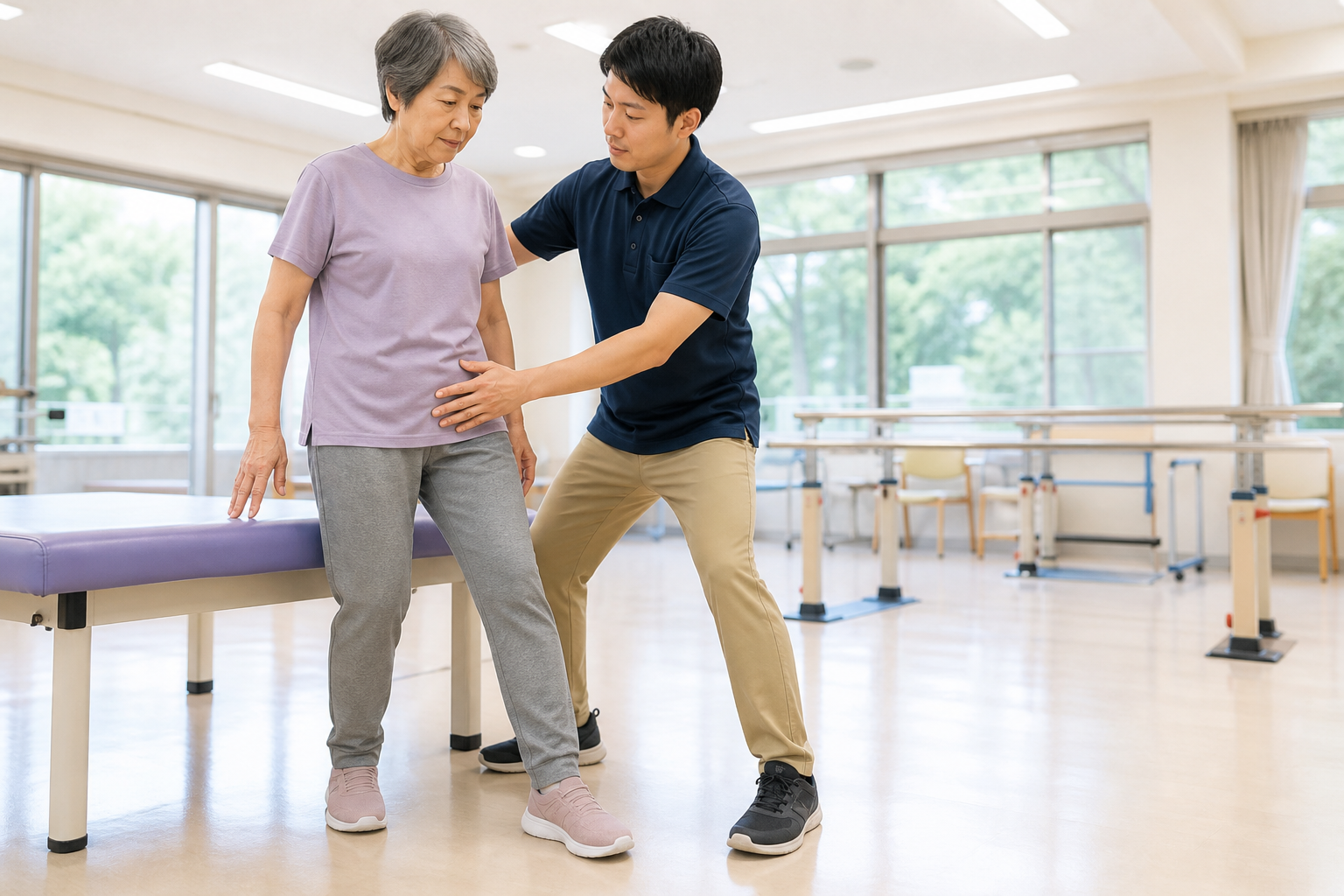 脳卒中後の方がセラピストと立位で体幹の重心移動を練習する様子