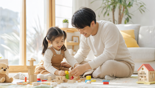 자연광 아래 가족 놀이를 즐기는 한국인 부모와 아이