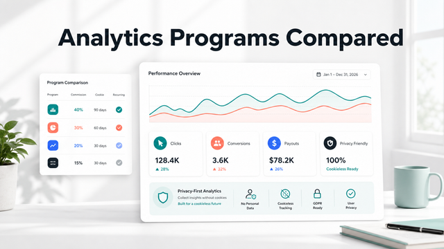 Analytics tool affiliate programs 2026 dashboard comparing privacy, social, and SaaS analytics offers