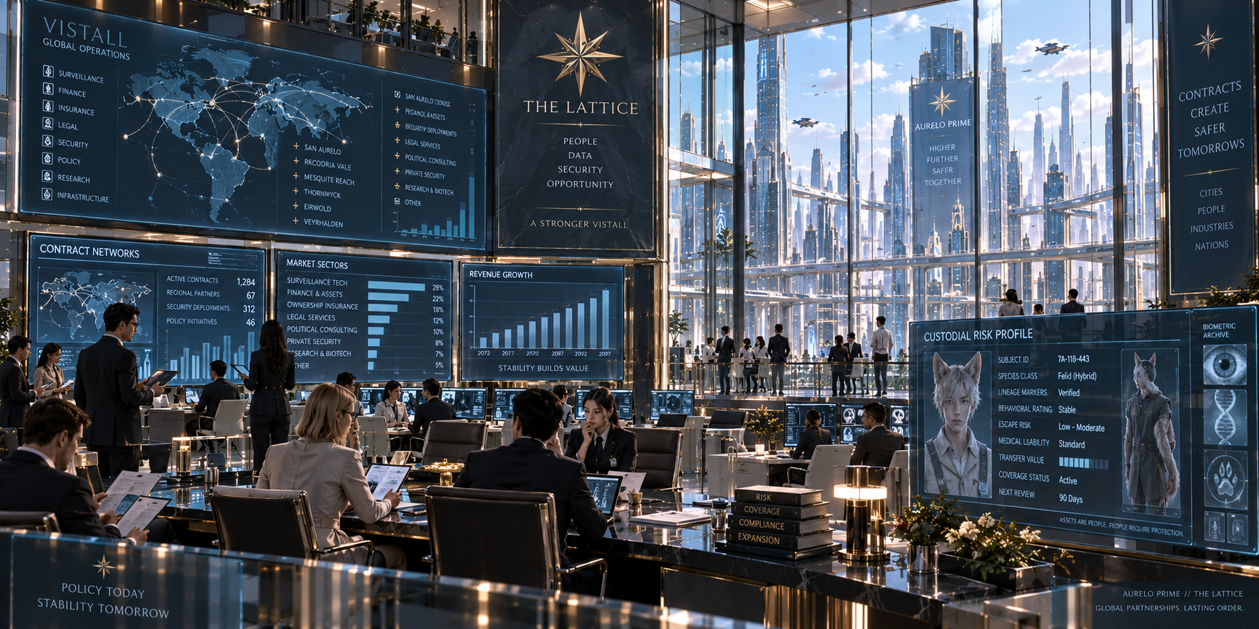 Corporate analysts managing finance, security, surveillance and custodial risk contracts inside The Lattice.