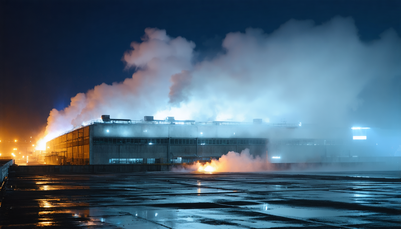 A large industrial cooling system venting steam into a dark sky above a flat roofed data center at night