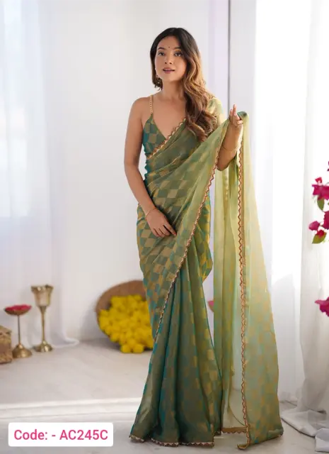 Party Wear Pista Embroidery Chiffon Saree