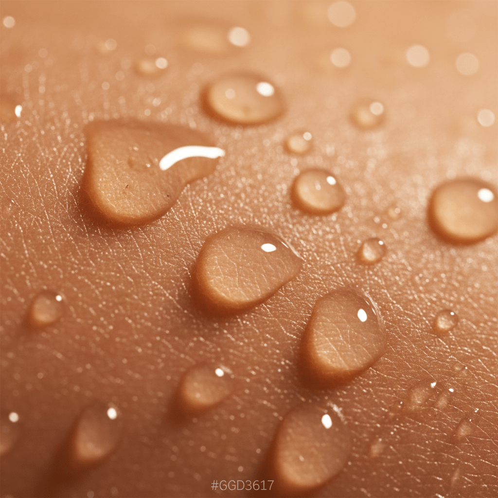 Close-up of hydrated skin with soft glow and layered moisture droplets