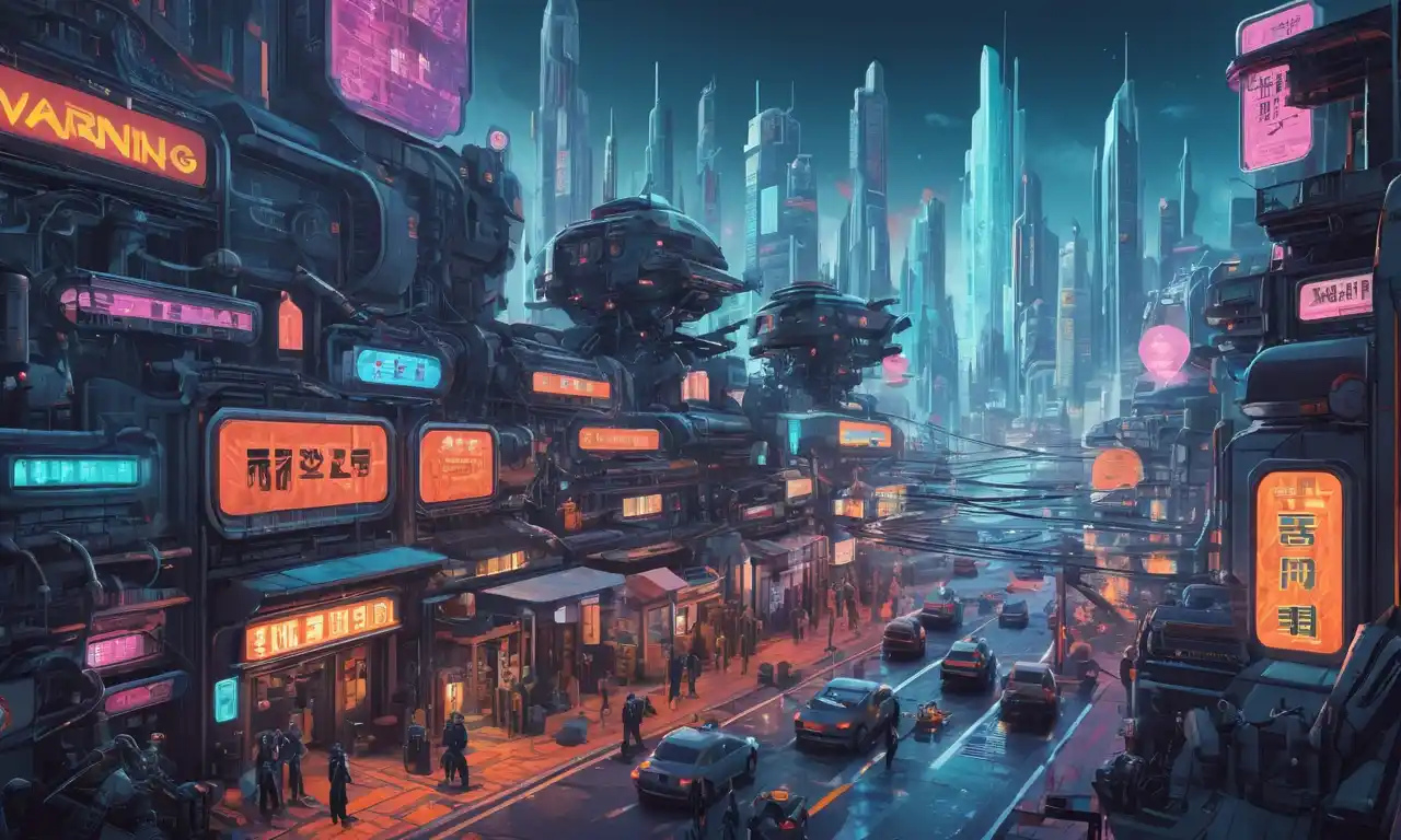 Un futurista paisaje urbano con señales de advertencia y robots, rodeado de carteles de películas y libros sobre ficción distópica.