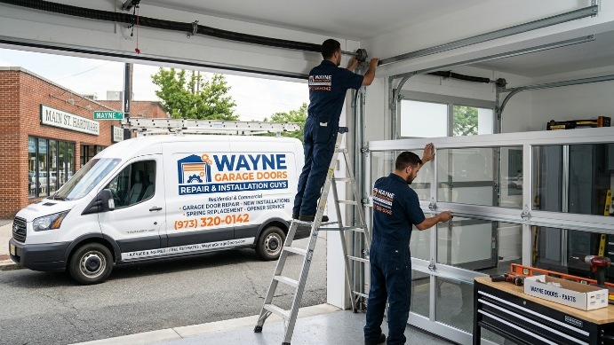 Wayne Garage Door's team working on a garage door
