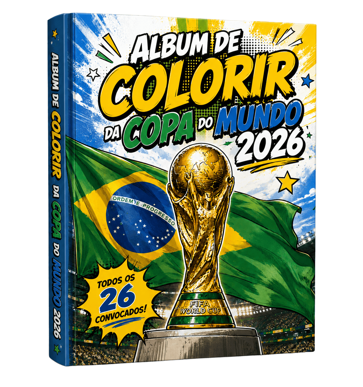 Mockup 3D do Álbum de Colorir da Copa do Mundo 2026