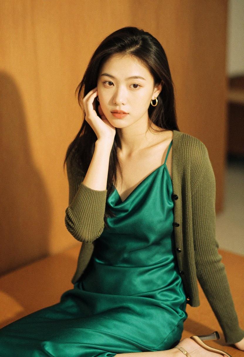 Emerald satin slip dress layered with a knit cardigan for an escape room date night
