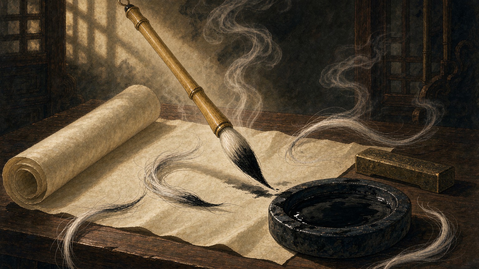 古代毛笔与文房静物插画
