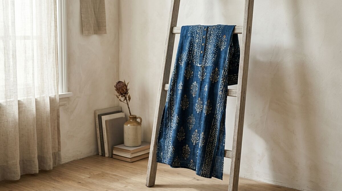 Indigo block-print kurti hanging on a wooden ladder rack