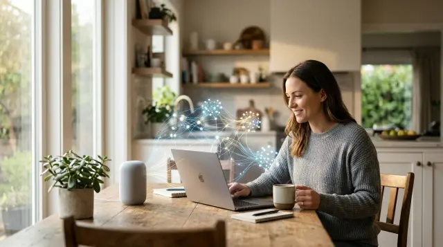 Person at kitchen table with laptop and smart speaker surrounded by glowing neural network light threads, warm morning atmosp
