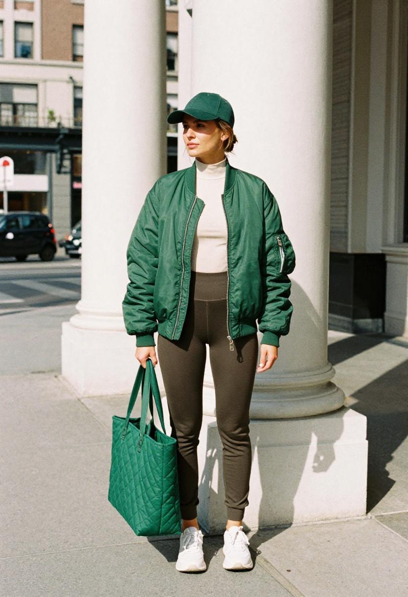 Shamrock-green bomber jacket with olive joggers and matching cap for a sporty urban St. Patrick's Day look