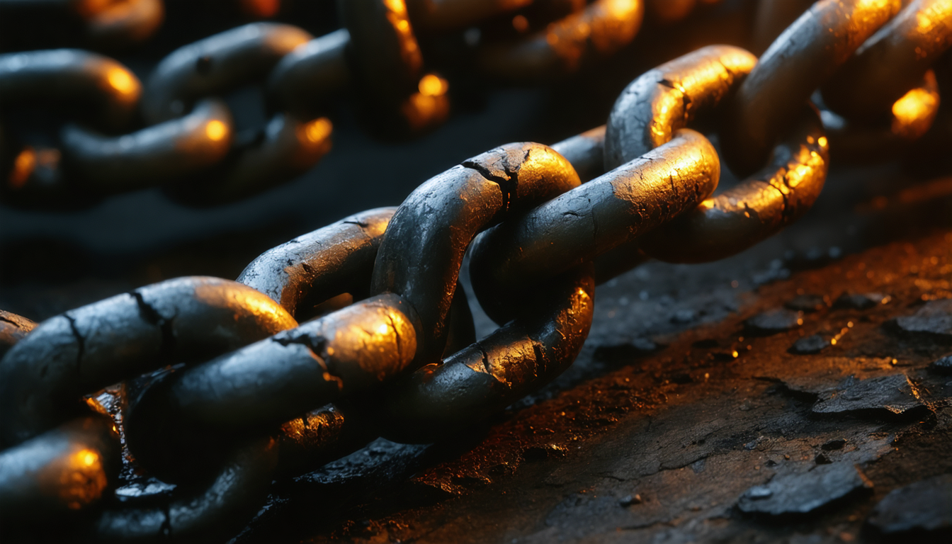 Close-up of a thick industrial chain with one link showing hairline fractures, set against a dark background with faint warm light from the left.