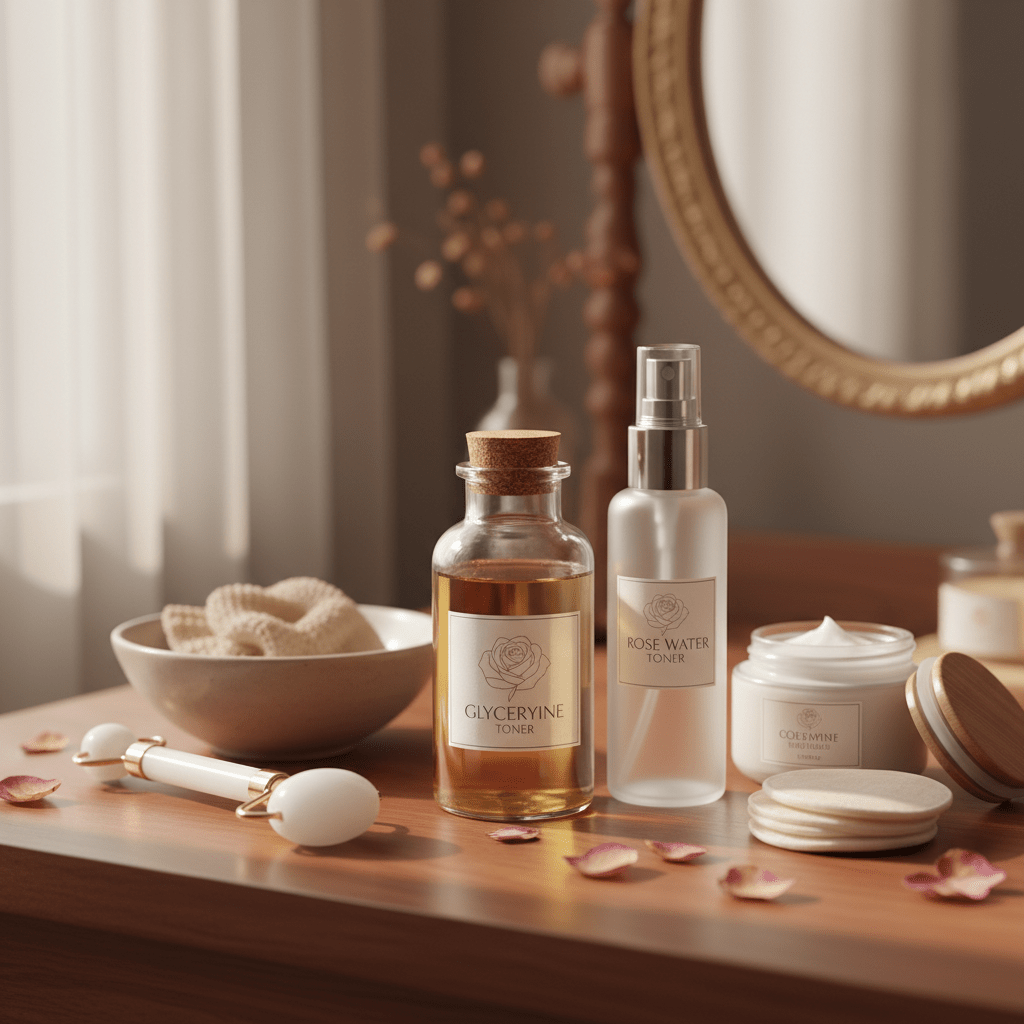 A gentle skincare routine with diluted glycerine toner, rose water bottle, and moisturizer on a vanity